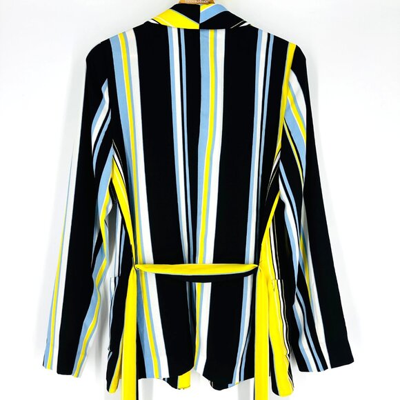 Halogen Blue Yellow Striped Shawl Neck Long Sleeve Tie Waist Pocket Blazer M - Picture 3 of 10